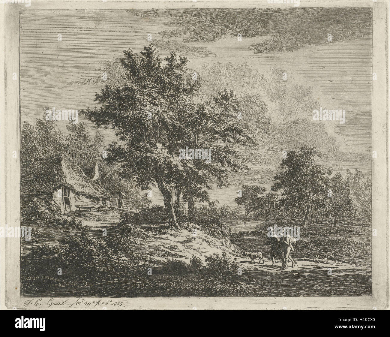 Paysage avec les marcheurs et les trois arbres, Jacobus Cornelis Gaal, 1855 Banque D'Images