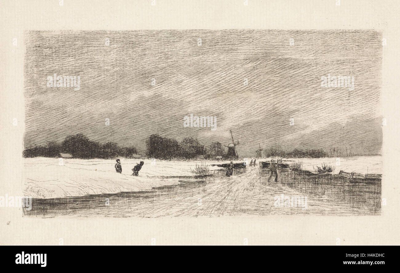 Patineurs dans un paysage hollandais, Elias Stark, 1887 Banque D'Images