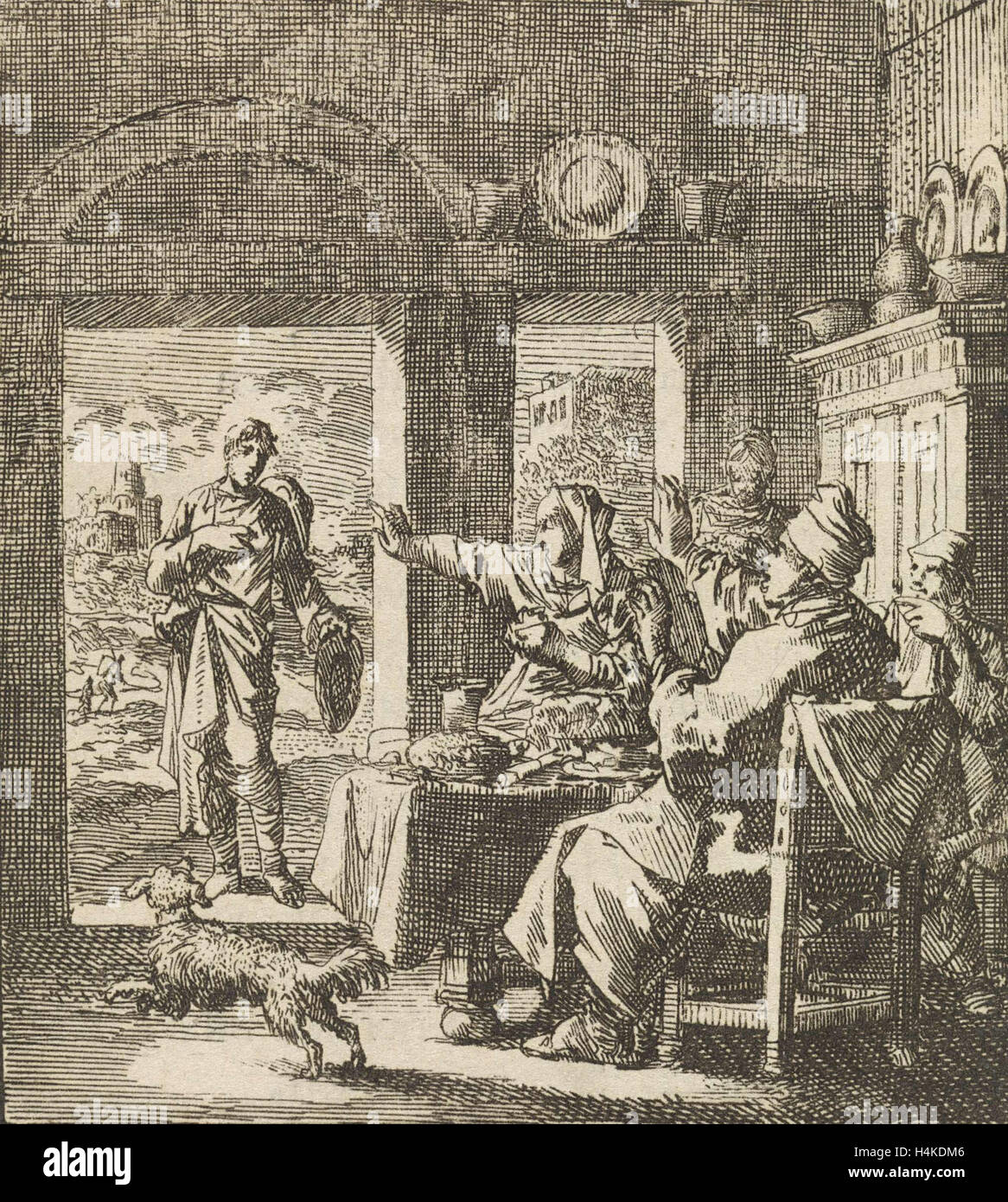 Famille fait des gestes dédaigneux à un pauvre homme qui demande de l'aide, Jan Luyken, mer. Pieter Arentsz, Cornelis van der Sys II, 1711 Banque D'Images