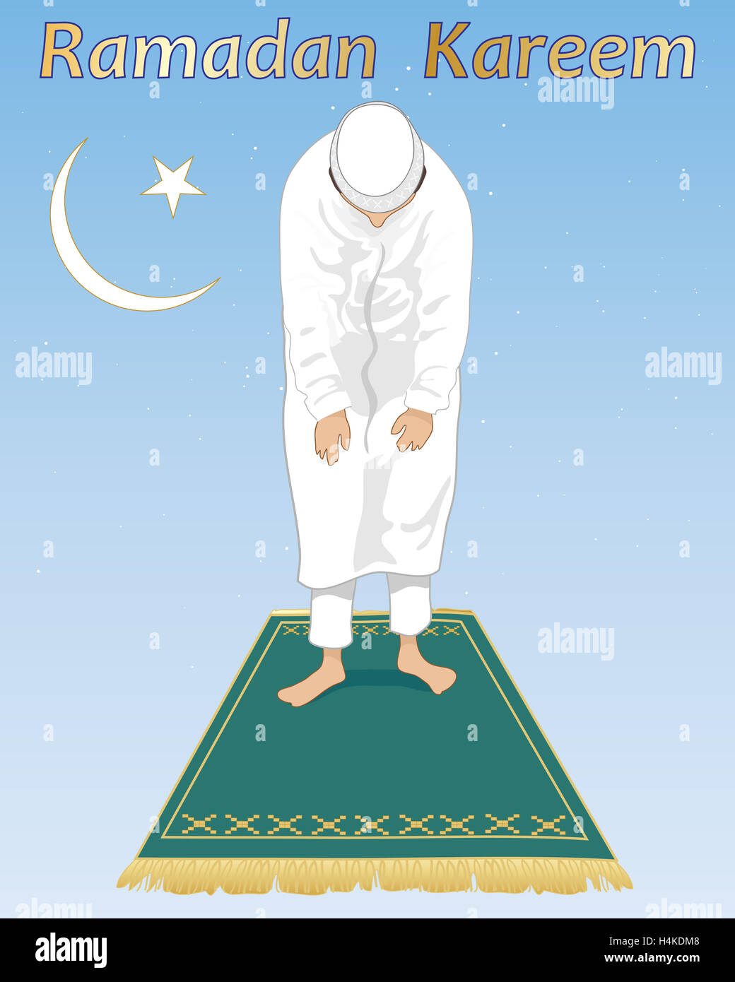 Une illustration d'un musulman dévot dans la prière de la fête de Ramadan avec symbole Islamique Banque D'Images