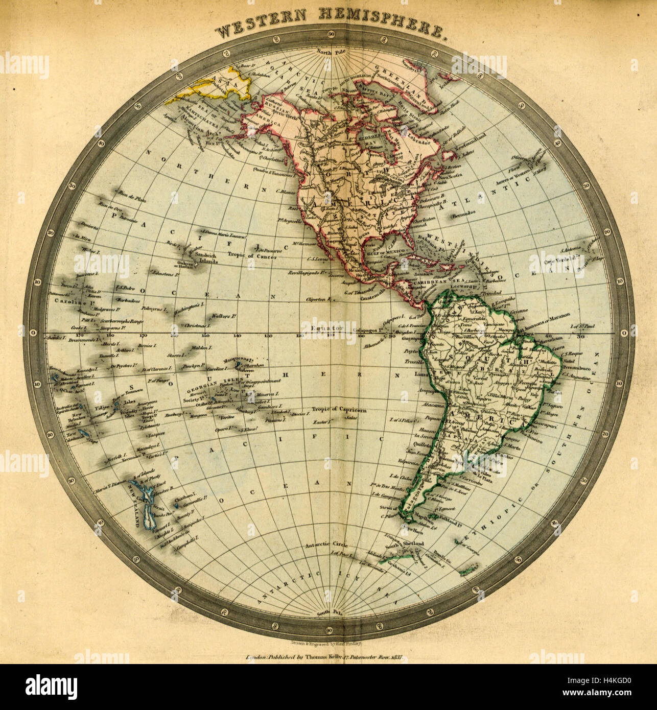 La carte de l'hémisphère occidental, la gravure du xixe siècle Banque D'Images