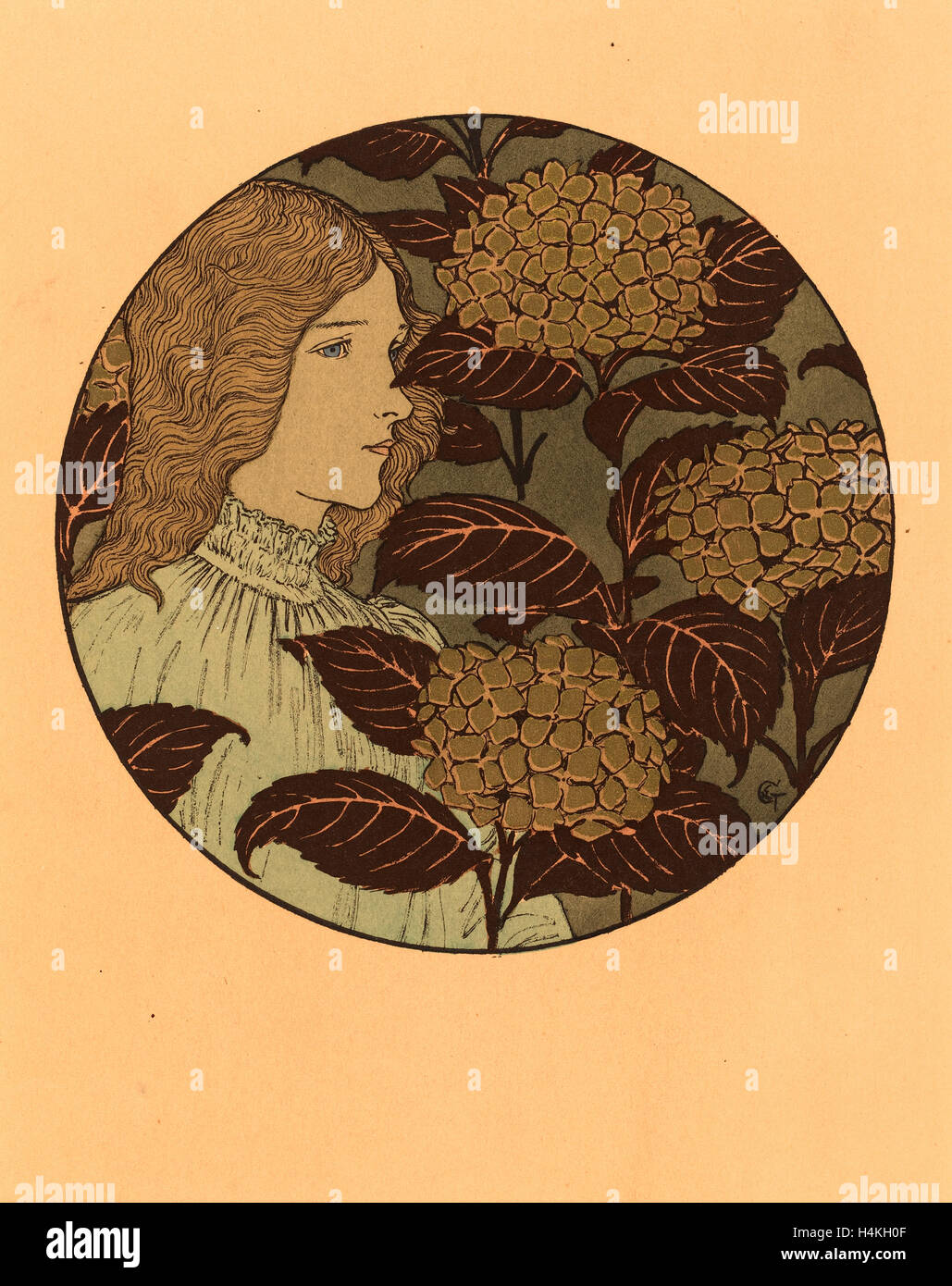 Eugène Grasset, Cocarde Portrait of a Girl, Français, 1841, 1917, lithographie en noir, vert et or Banque D'Images