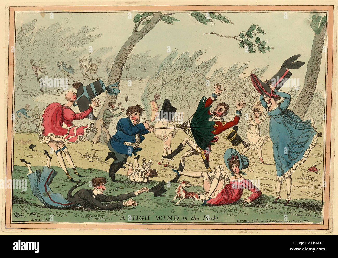 Un fort vent dans le parc ! Gravure 1819, un fort vent qui souffle vers le bas les hommes, femmes et enfants, des robes, des chapeaux Banque D'Images