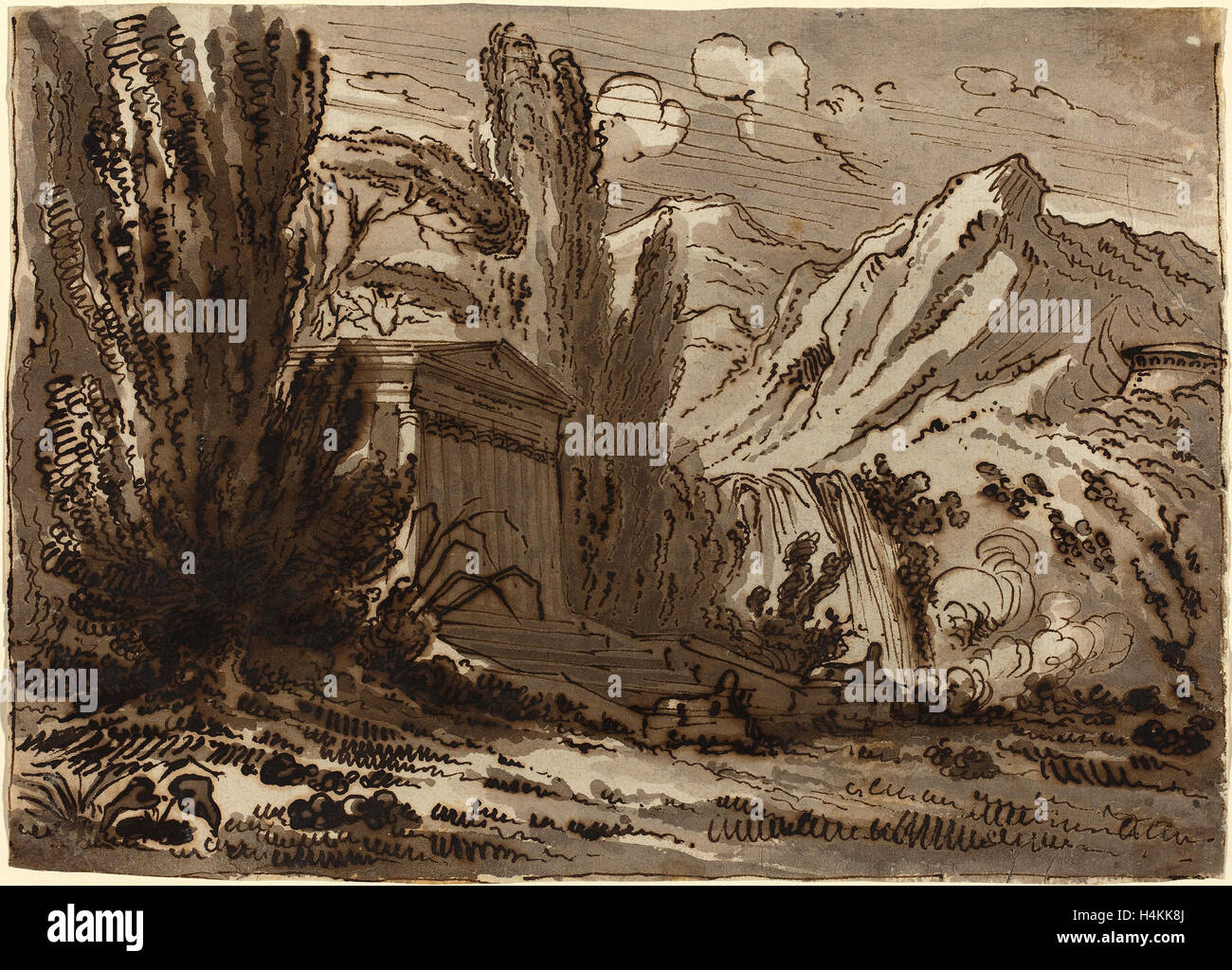 Felice Giani (Italien, 1758 - 1823), Paysage montagneux avec Temple classique, plume et encre brune avec lavis Banque D'Images