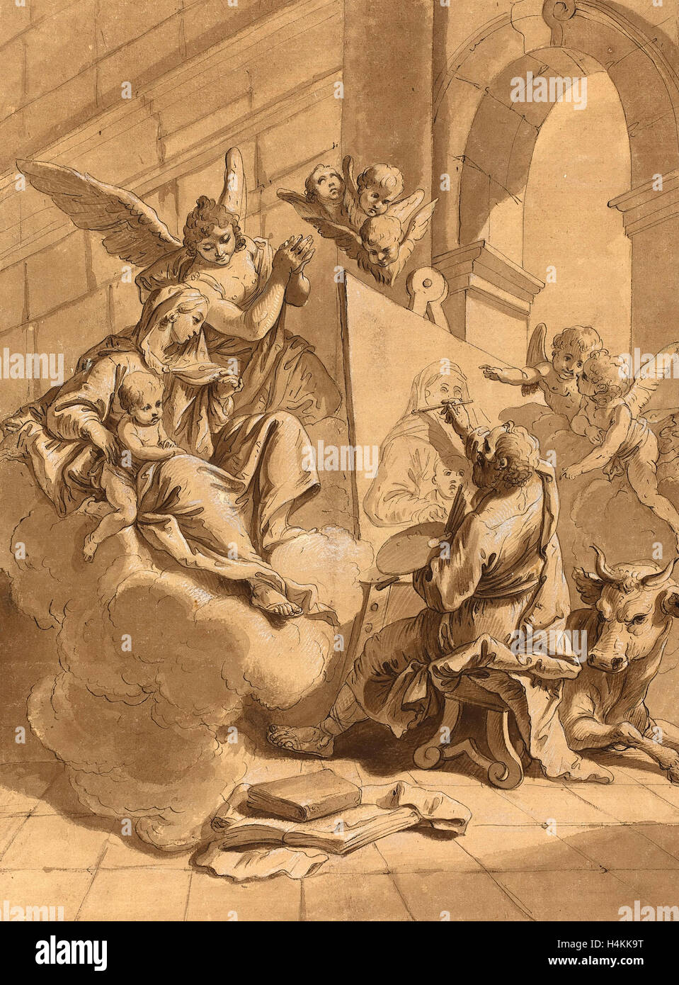 Disciple de Francesco Engraving 18th Century, Saint Luc peignant la Vierge, 18e siècle, plume et encre brune, pinceau et encre brune Banque D'Images