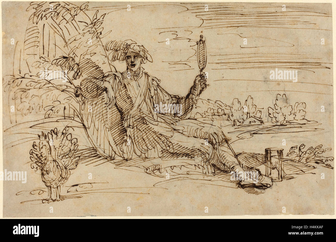 Francesco Brizio (Italien), ch. 1575 - 1623), un élégant jeune homme personnifiant la vanité, plume et encre brune sur craie noire sur bois Banque D'Images