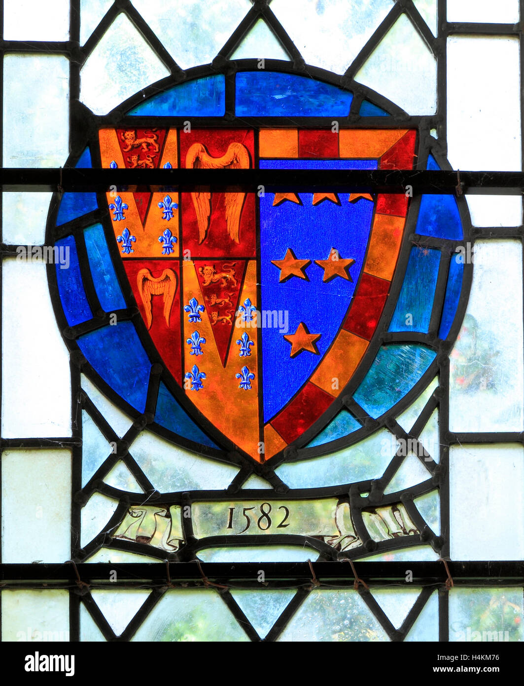 Stanhoe, Norfolk, aux bras d'Edward Seymour de Berry Pomeroy, Devon, 1582, le vitrail héraldique héraldique, fenêtre cocarde shield Banque D'Images