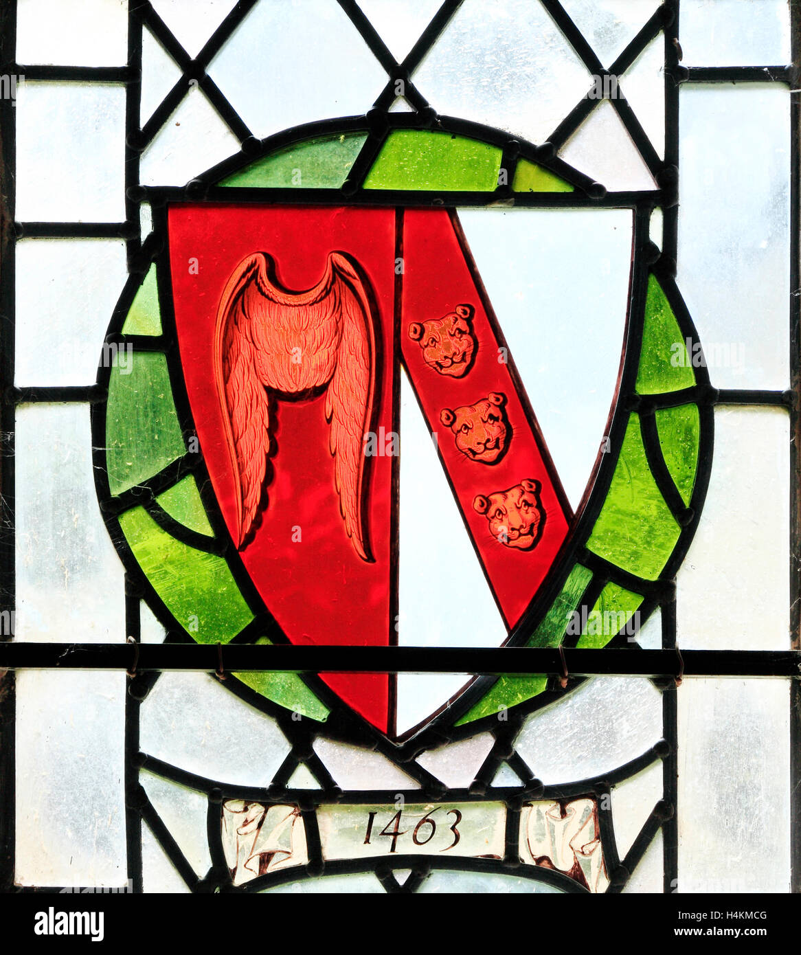 Stanhoe, Norfolk, armoiries de John Seymour de Wolf Hall, 1463, vitrail, héraldique, bouclier héraldique device Banque D'Images