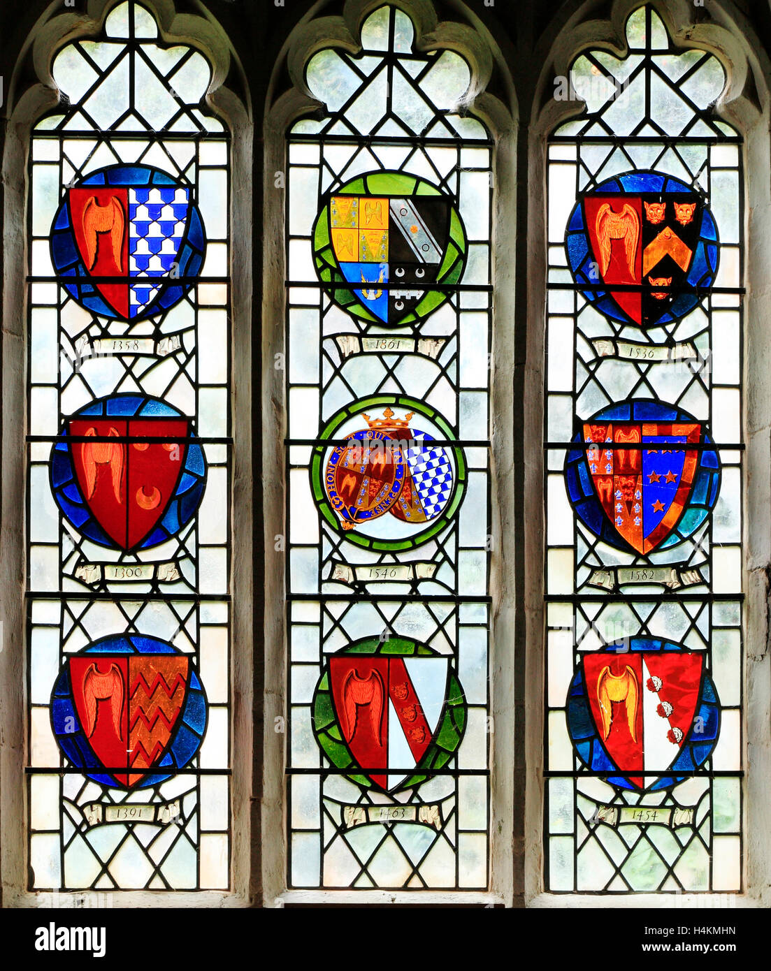 Stanhoe, Norfolk, diverses branches de la famille Seymour à travers l'histoire, vitrail, héraldique, bouclier héraldique device Banque D'Images