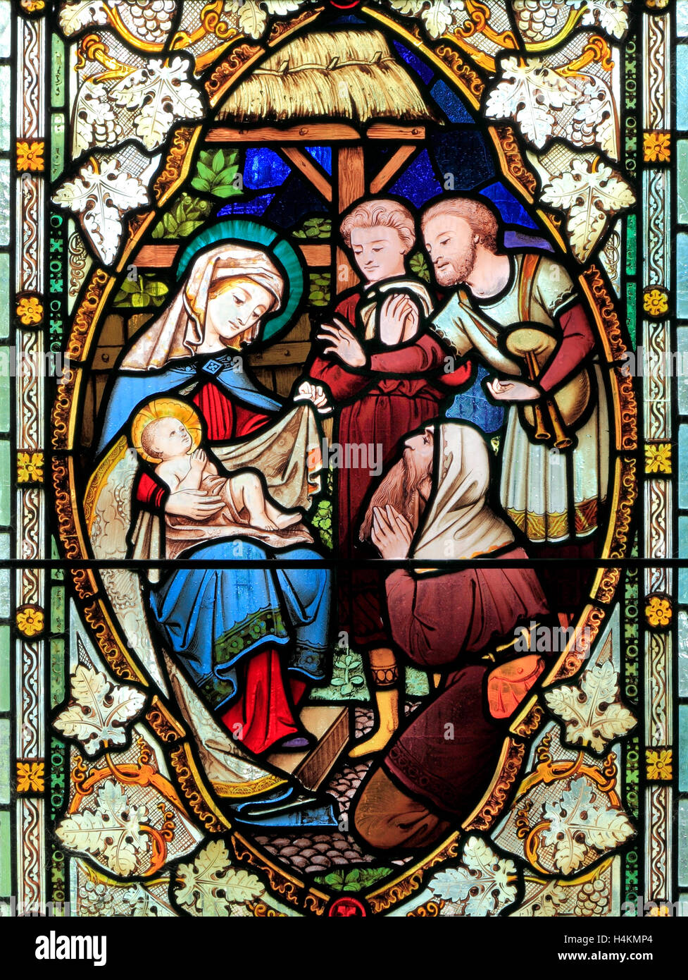 La naissance, la naissance de Jésus, vitrail par Ward & Hughes, 1869, Stanhoe, Norfolk, England UK windows, Christ Banque D'Images