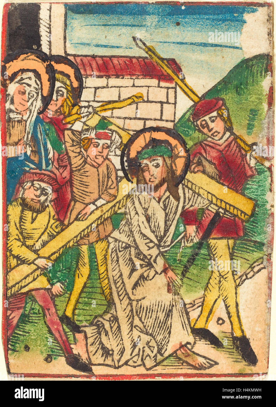 L'allemand du 15e siècle, le Christ portant la croix, ch. 1470-1480, gravure sur bois, à la main, en vert, rouge, jaune, orange, tan Banque D'Images