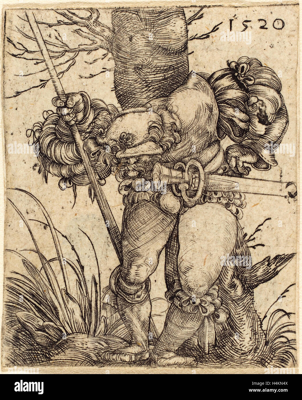 Barthel Beham (Allemand, 1502 - 1540), Foot-Soldier en face d'un arbre, 1520, gravure Banque D'Images