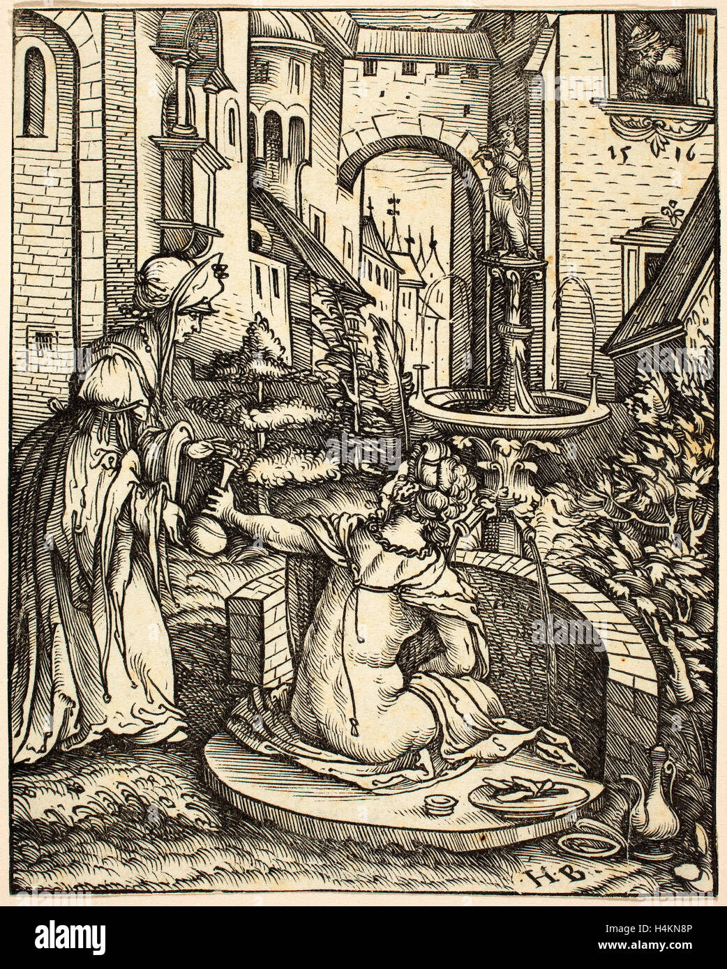 Hans Burgkmair I (Allemand, 1473 - 1531), Patrick à la baignoire, 1519, gravure sur bois Banque D'Images