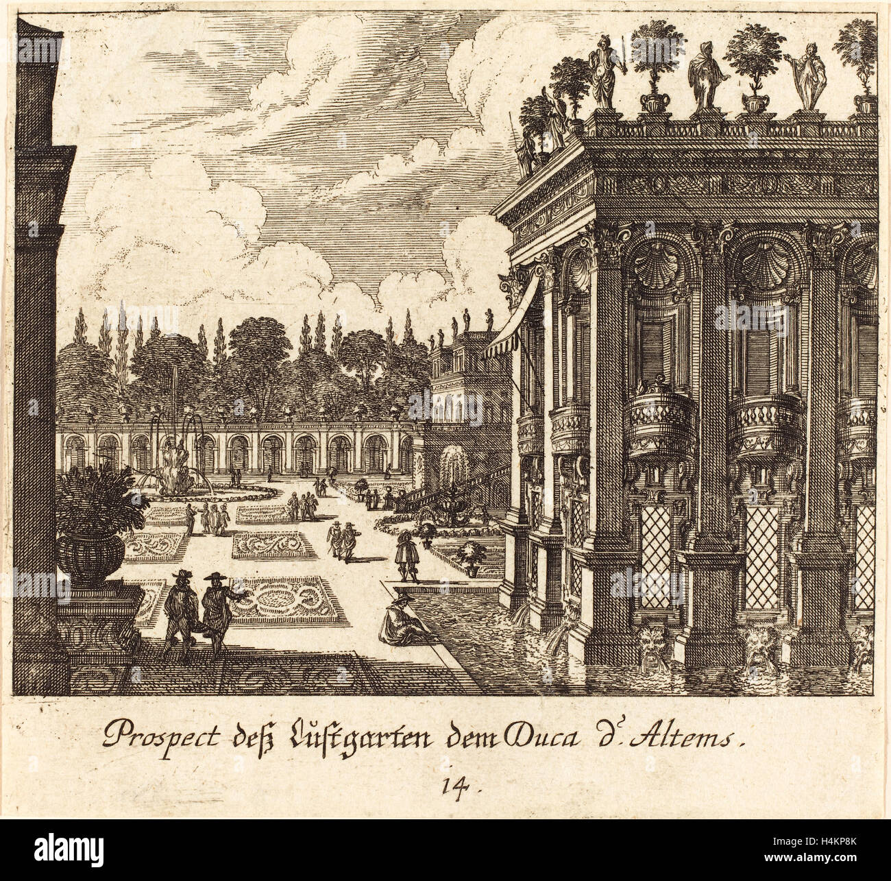 Melchior Küsel D'après Johann Wilhelm Baur (Allemand, 1626 - 1683), jardins, duc d'Altems, 1681, eau-forte Banque D'Images
