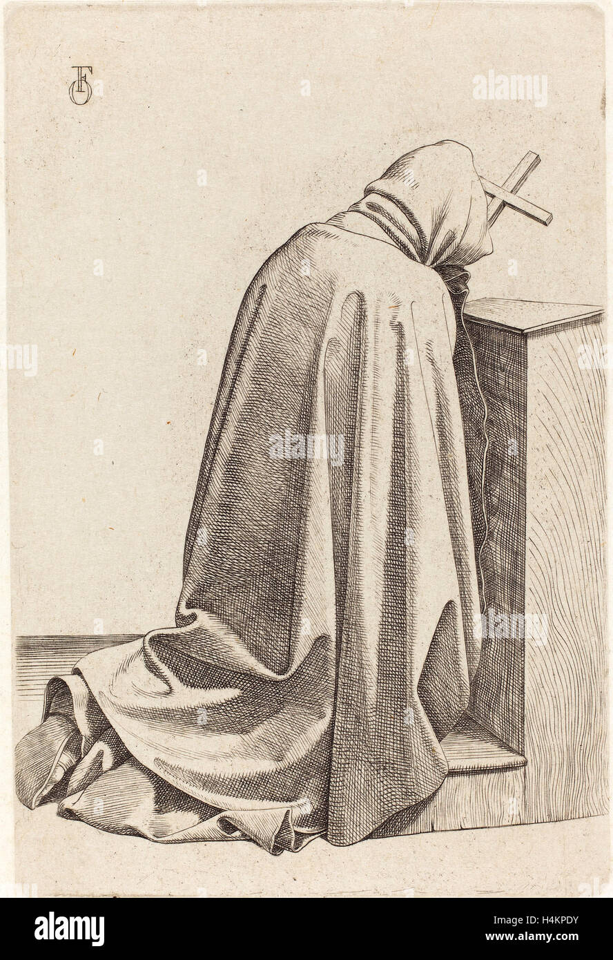 Johann Friedrich Overbeck (Allemand, 1789 - 1869), moine priant, 1826, eau-forte avec pointe sèche sur chine collé Banque D'Images