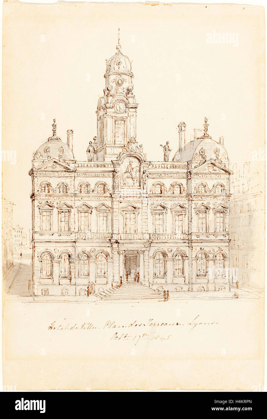 Robert Smirke, britannique (1752-1845), l'Hôtel de Ville, place des Terreaux, Lyon, 1845, plume et encre brune avec lavage gris Banque D'Images