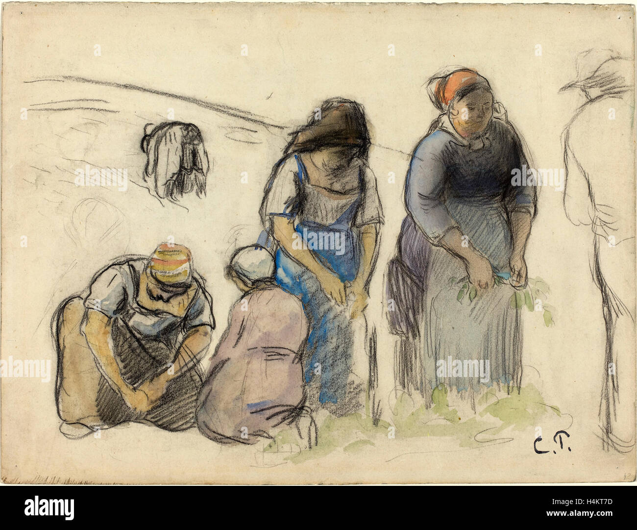 Camille Pissarro, français (1830-1903), le pois exploitants [recto], ch. 1880, fusain et aquarelle sur papier vélin lourd Banque D'Images