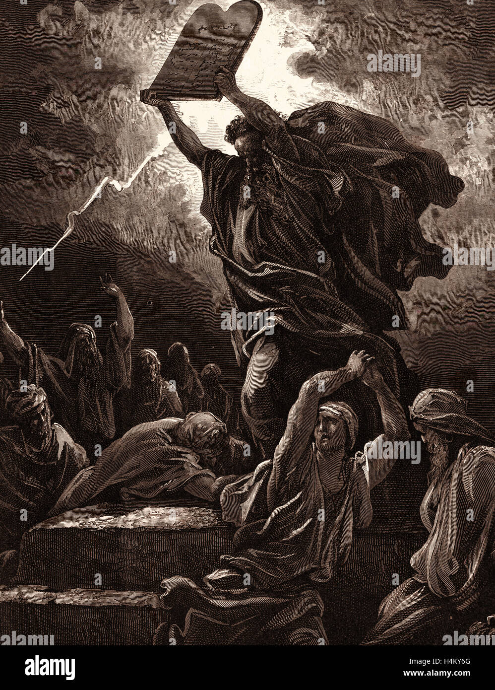 Moïse brisant les tables de la loi, par Gustave Doré, 1832 - 1883, Français. Gravure pour la Bible. 1870, l'Art, l'artiste Banque D'Images