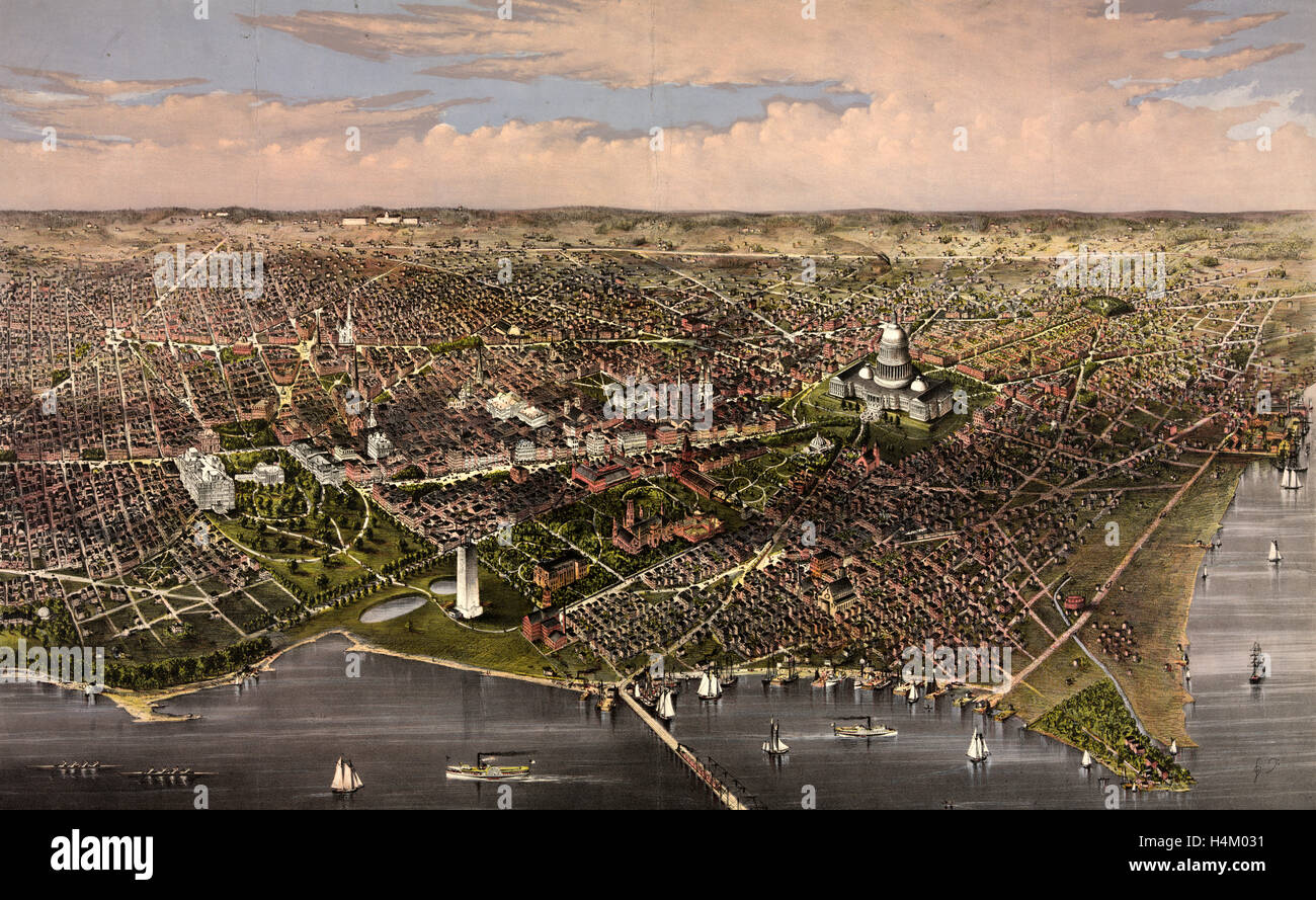 La ville de Washington de Birds Eye View le Potomac, à au nord, vers 1880, US, USA, Amérique Latine Banque D'Images