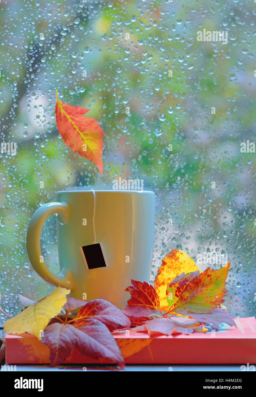 Tasse de thé à la fenêtre avec des feuilles et gouttes d'après la pluie en automne Banque D'Images