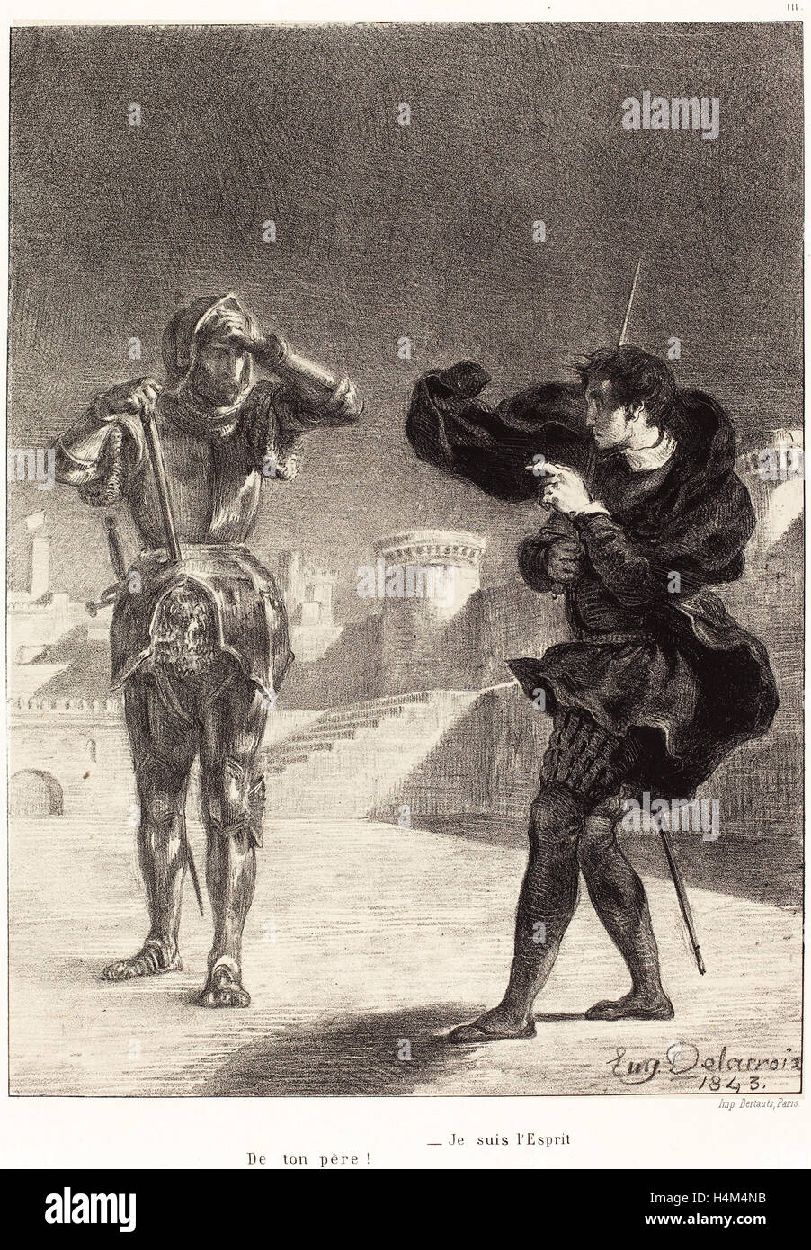 Eugène Delacroix (Français, 1798 - 1863), le fantôme sur la terrasse (Acte I, scène V), 1843, lithographie Banque D'Images