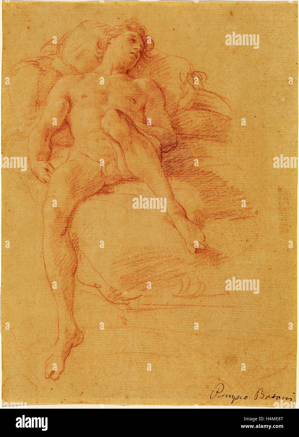 Pompeo Batoni (Italien, 1708 - 1787), une jeunesse couchée sur un lit (Antiochus), ch. 1746, craie rouge sur papier ocre délavé Banque D'Images