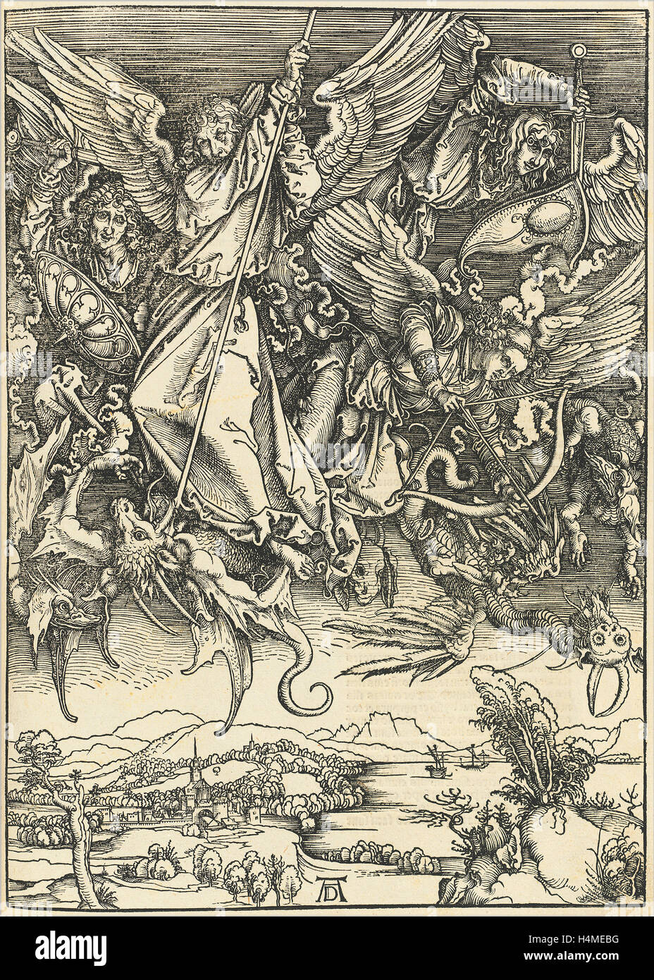 Albrecht Dürer, Saint Michel combattant le dragon, Allemand, 1471 - 1528, probablement c. Gravure sur bois, 1496-1498 Banque D'Images