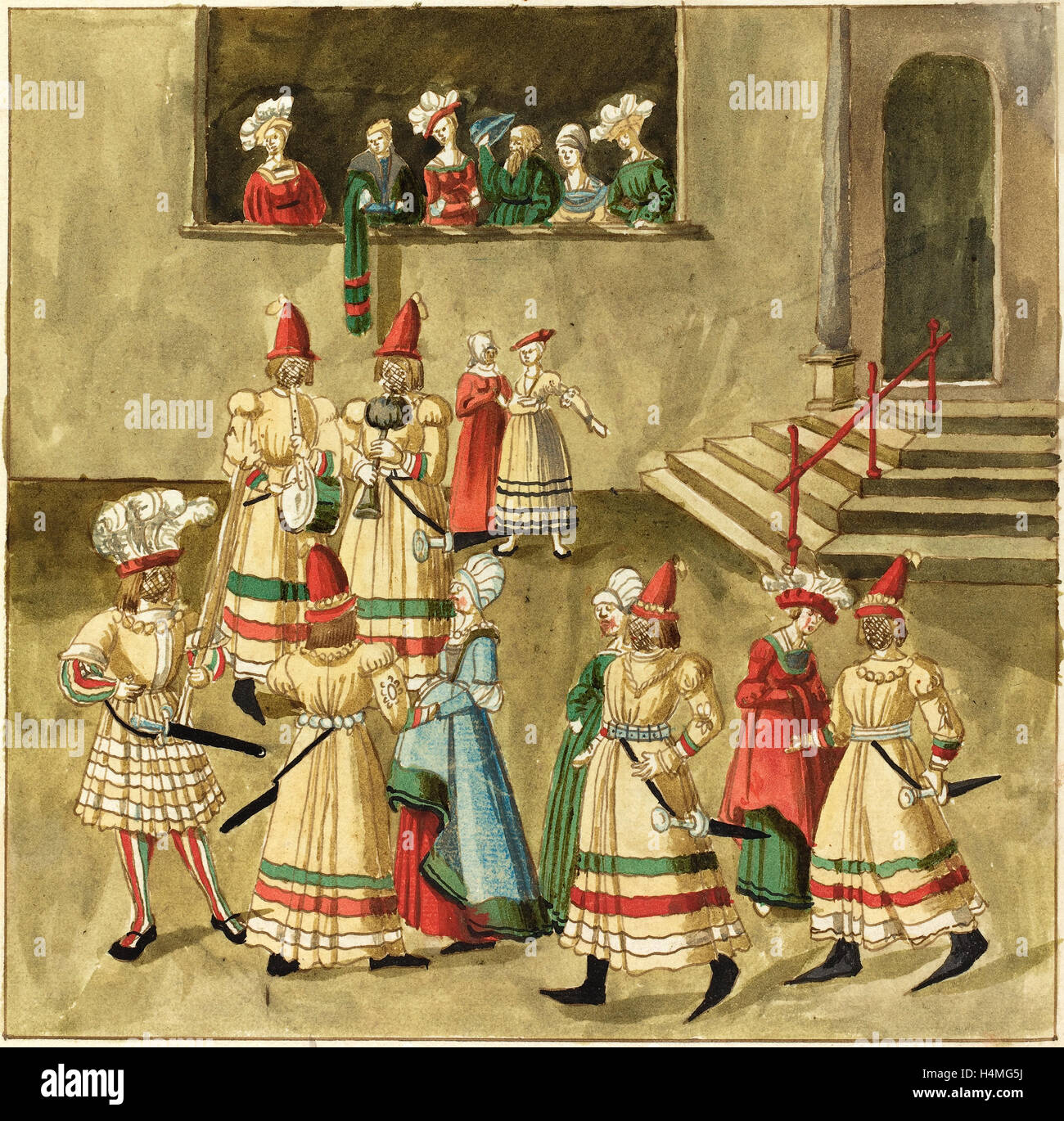 16ème siècle allemand, la mascarade, ch. 1515, plume et encre brune avec l'aquarelle sur papier vergé Banque D'Images