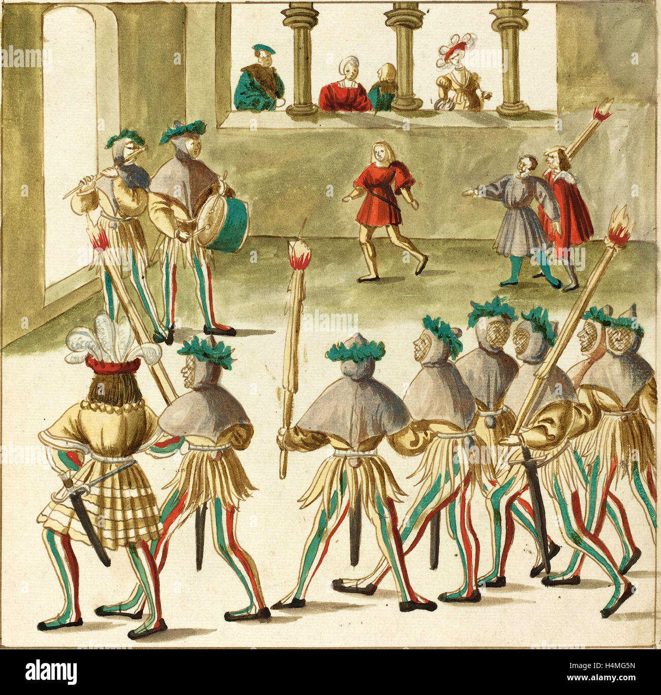 16ème siècle allemand, la mascarade, ch. 1515, plume et encre brune avec l'aquarelle sur papier vergé Banque D'Images