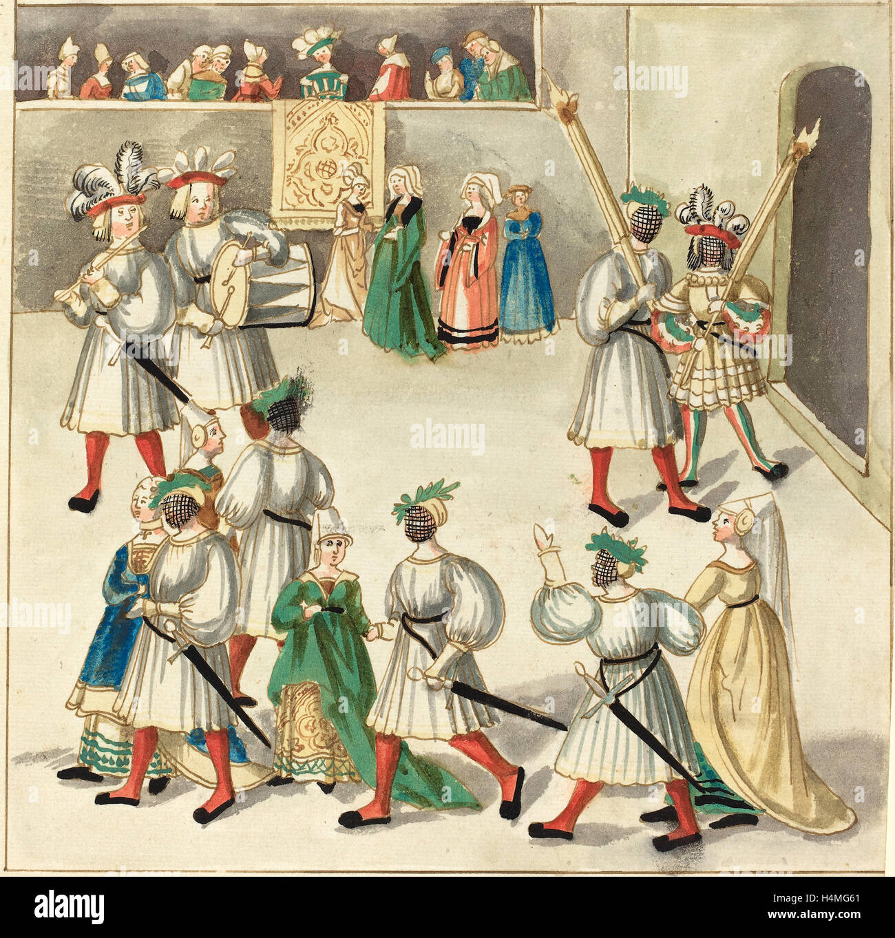 16ème siècle allemand, la mascarade, ch. 1515, plume et encre brune avec l'aquarelle sur papier vergé Banque D'Images