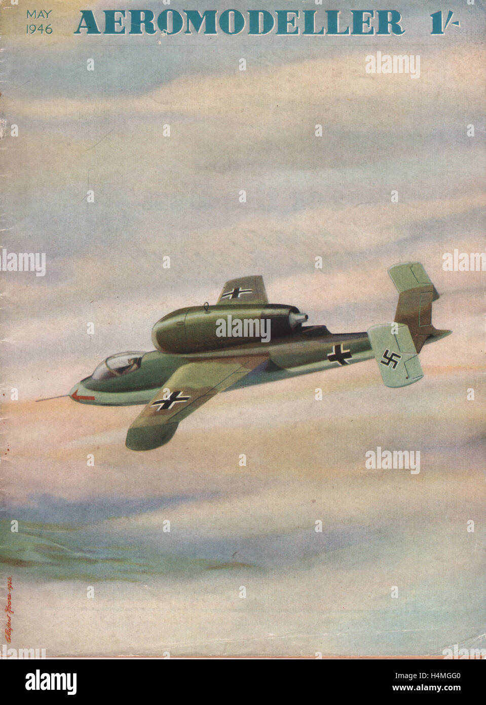 Vintage couverture du magazine daté de mai 1946 Aeromodeler montrant une peinture de Charles Moore Rupert du Heinkel He 162 allemand Junkers J.i jet de combat de la seconde guerre mondiale. Aeromodeler était un magazine populaire modèle pour les amateurs de vol d'abord publié en novembre 1935 Banque D'Images