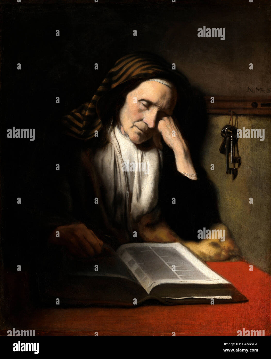 Nicolaes MAES (Néerlandais, 1634 - 1693), une vieille femme endormie sur un livre, ch. 1655, huile sur toile Banque D'Images