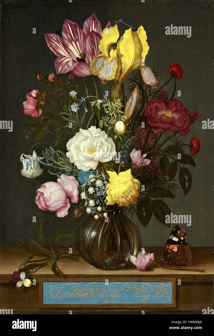 Ambrosius Bosschaert l'ancien (Néerlandais, 1573 - 1621), bouquet de fleurs dans un vase de verre, 1621, huile sur cuivre Banque D'Images