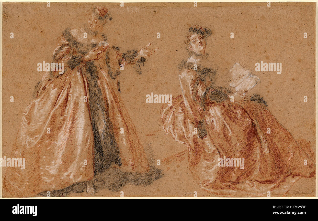 Nicolas Lancret, deux femmes élégantes en robe polonaise, française, 1690 - 1743, ch. 1723, rouge, noir, et craie blanche Banque D'Images