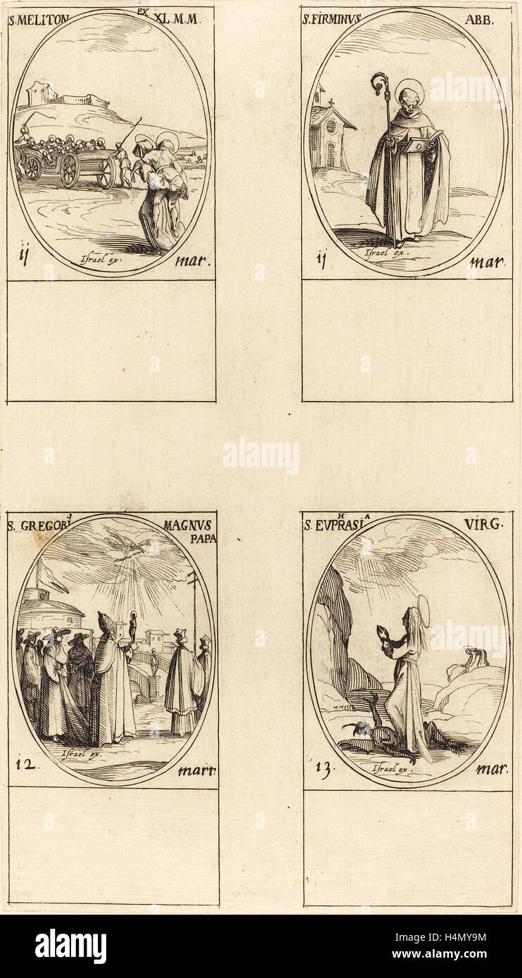 Jacques Callot (Français, 1592 - 1635), Saint Meliton ; Saint Firmin Le ; Saint Grégoire le Grand ; Saint Euphrasia, eau-forte Banque D'Images