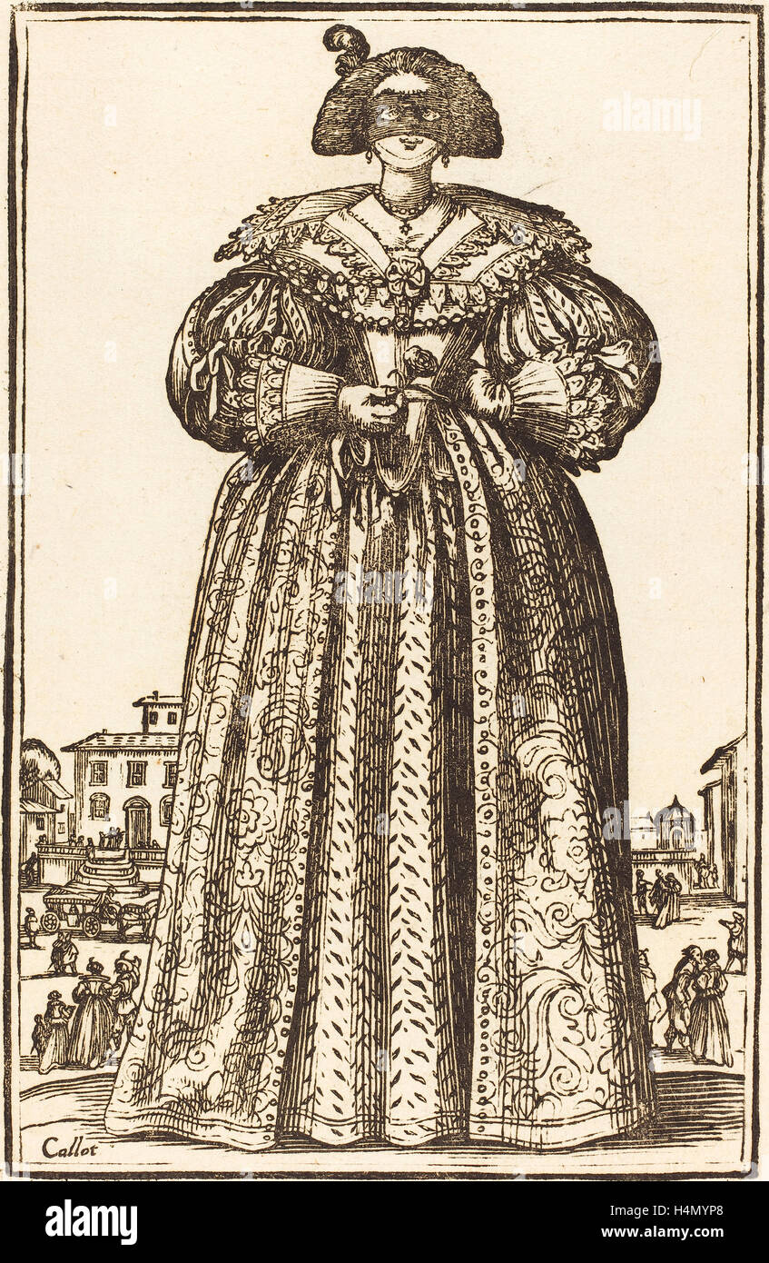 Après Jacques Callot, gravure sur bois, femme noble masqué Banque D'Images