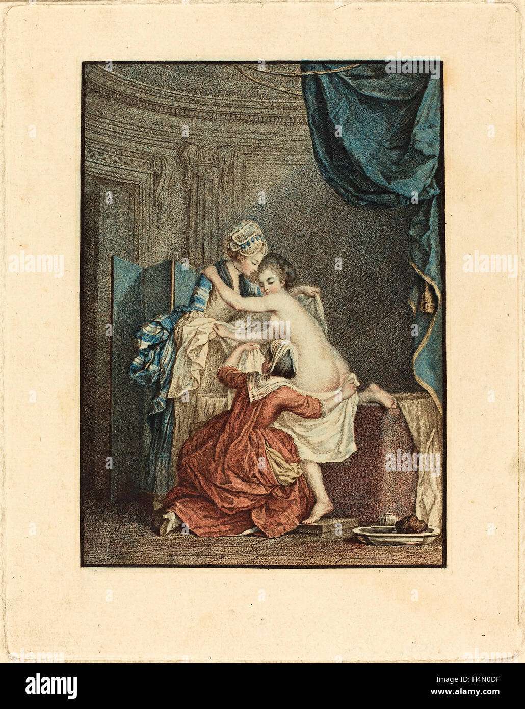 Nicolas François Regnault après Pierre-Antoine Baudouin (Français, 1746 - c. 1810), le bain (le bain), de la couleur de gravure crépi Banque D'Images