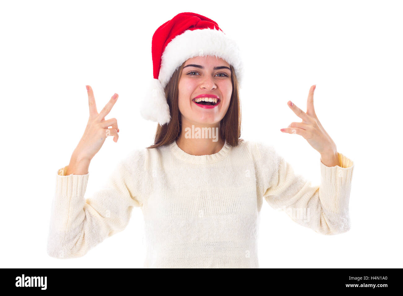 Woman in red christmas hat Banque D'Images