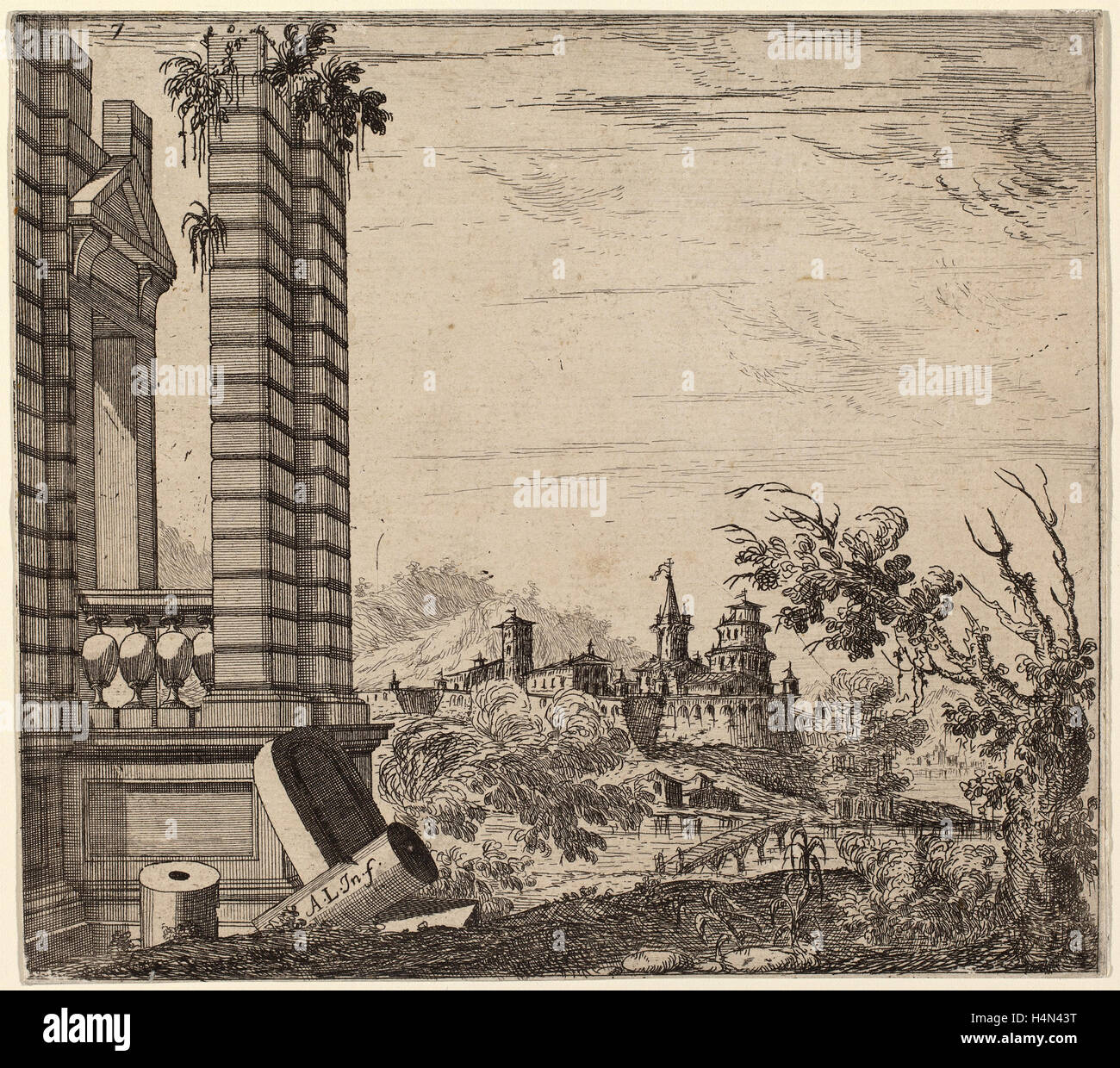 Attribué à Antonio Francesco (Gérant italien, né c. 1610), Paysage avec ruines, 17e siècle, la gravure Banque D'Images