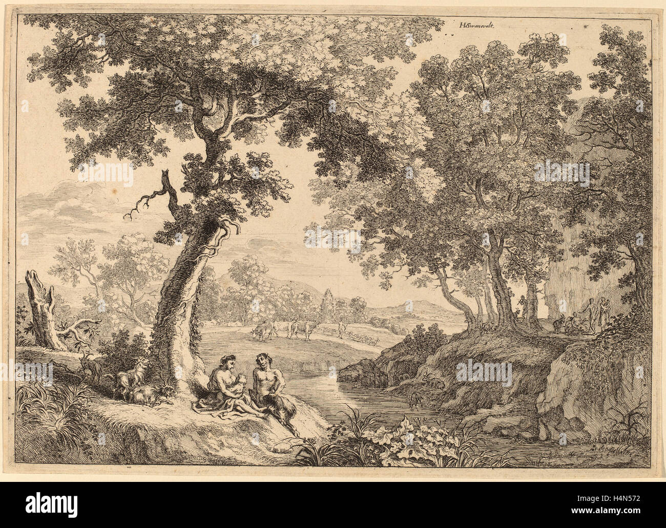Après Herman van Swanevelt, Famille Satyre assis sous un arbre, eau-forte Banque D'Images