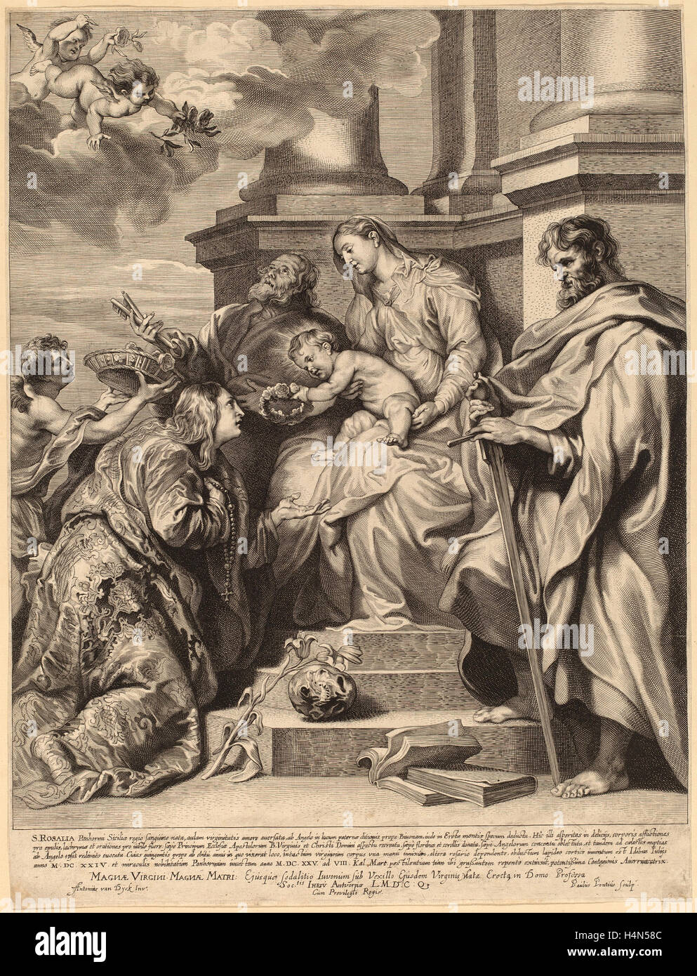 Paulus Pontius, d'après Sir Anthony Van Dyck (Flamand, 1603 - 1658), Saint Rosalia couronnée par l'Enfant Jésus, gravure Banque D'Images