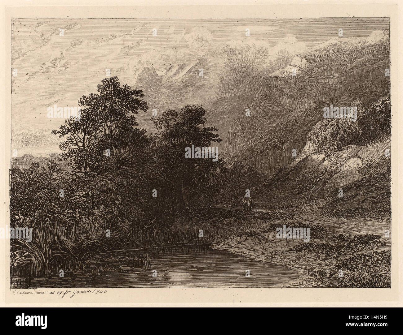 Alexandre Calame, au bord du lac, montagne, Suisse 1810 - 1864, 1840, eau-forte Banque D'Images