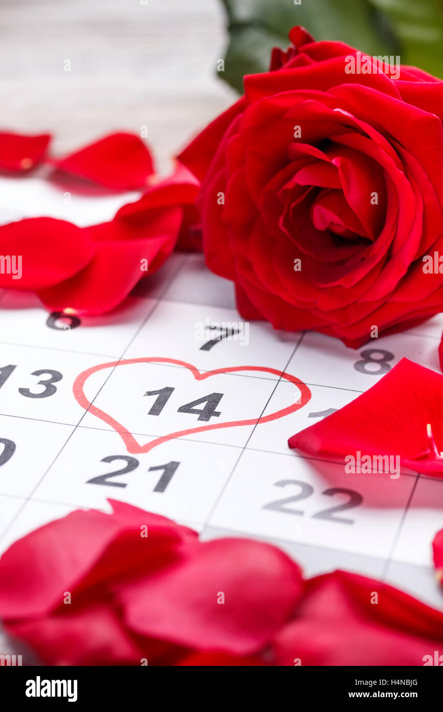 Calendrier indiquant la date 14 février, le Jour de Valentines. Banque D'Images