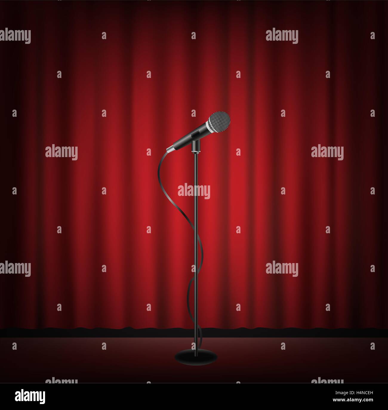 Support de microphone sur une scène avec rideau rouge backgrond Illustration de Vecteur
