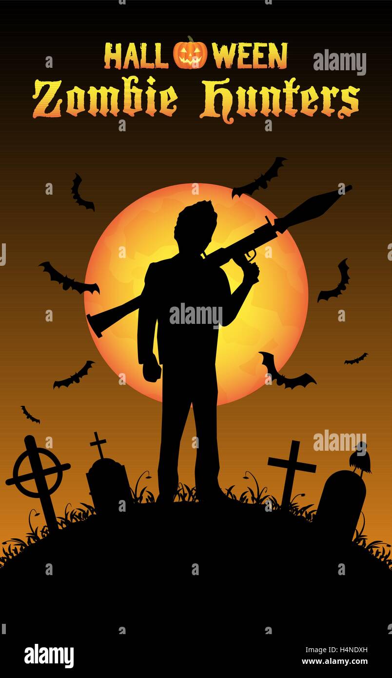 Chasseur de zombie halloween avec rpg rocket au cimetière Illustration de Vecteur