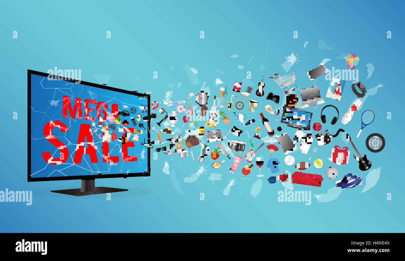 Télévision avec écran cassé mega vente et de l'objet flottant Illustration de Vecteur