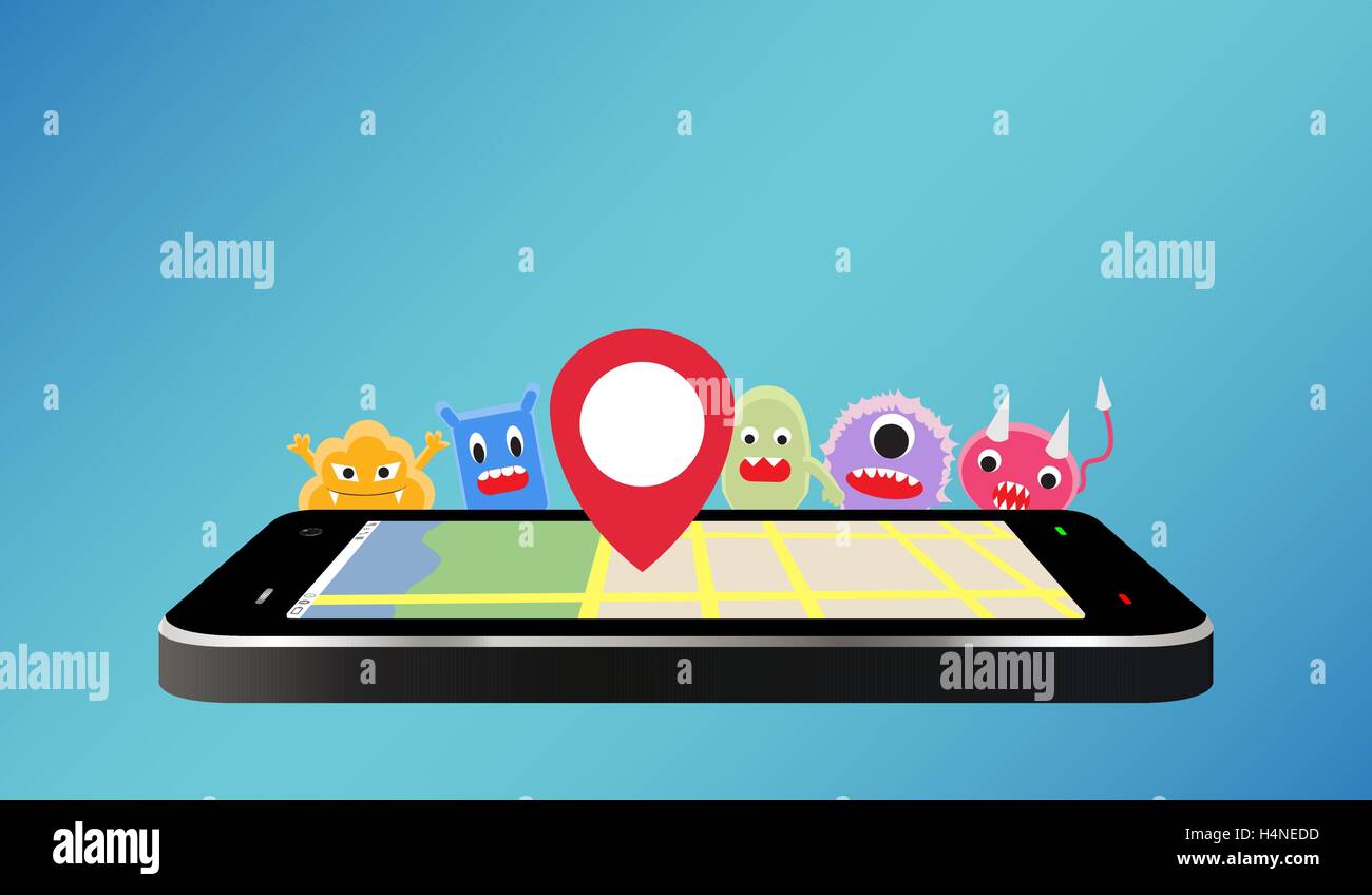 Un smartphone en utilisant le GPS et le virus trouvés monster Illustration de Vecteur