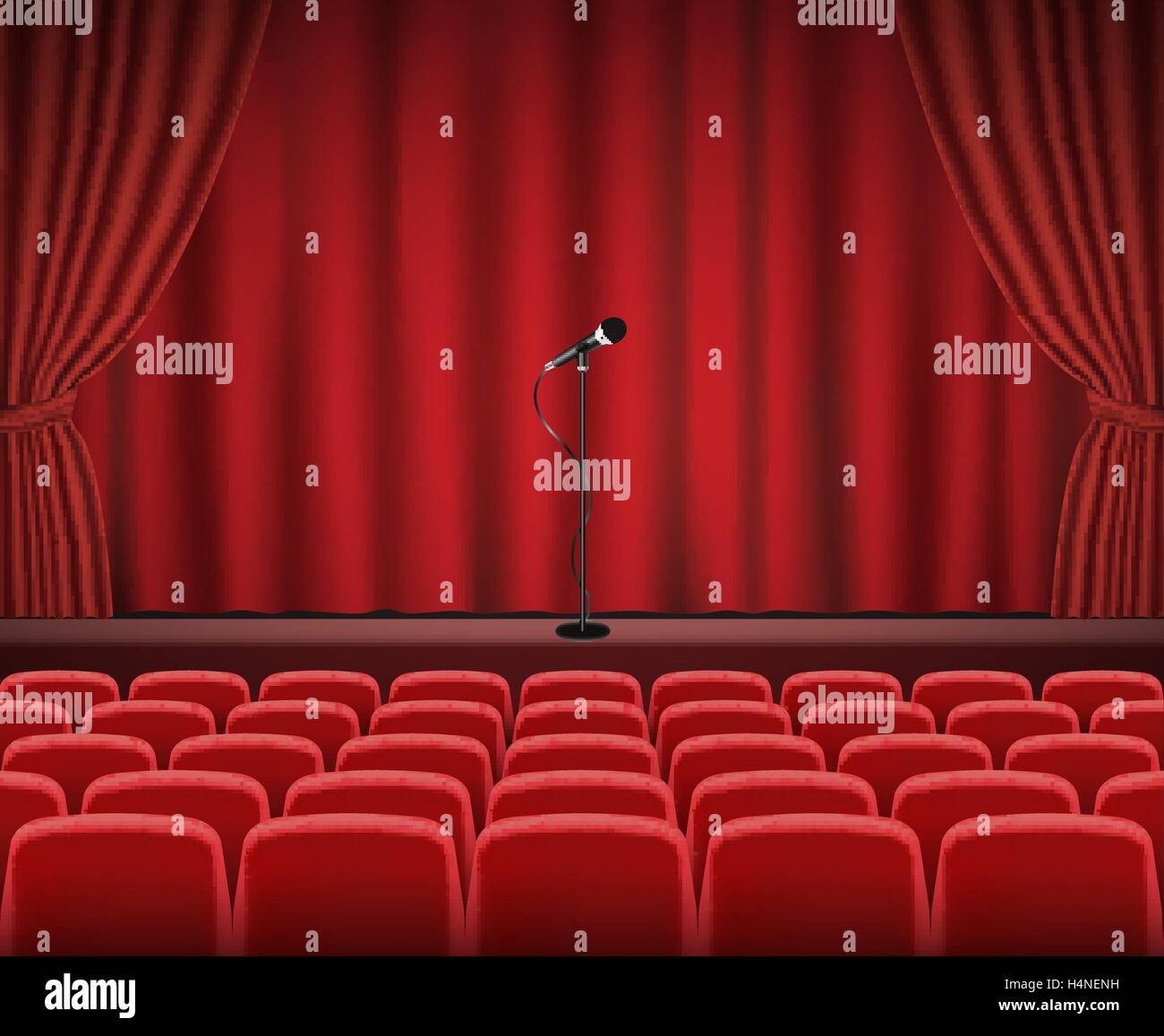 Support de microphone sur scène avec rideau rouge contexte Illustration de Vecteur
