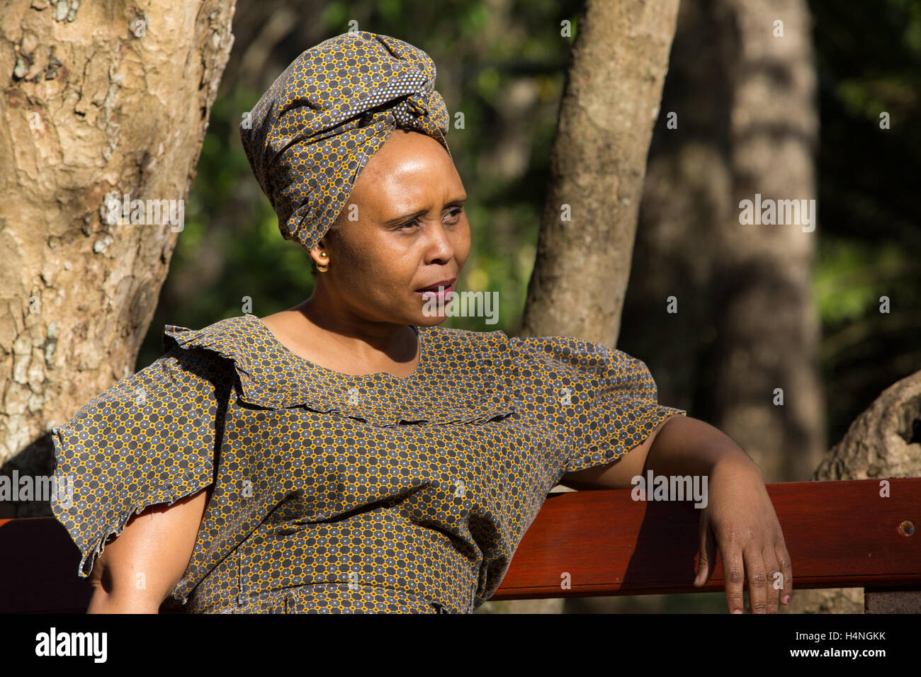 Portrait d'une femme africaine portant robe traditionnelle seshweshwe assis sur un banc en bois dans un jardin relaxant Banque D'Images