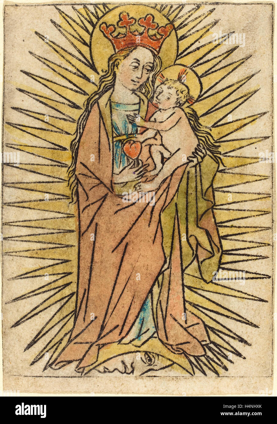 L'allemand du 15e siècle, la Vierge et l'enfant avec une poire, ch. 1440-1460, gravure, colorées à la main en rouge, orange, vert, jaune Banque D'Images